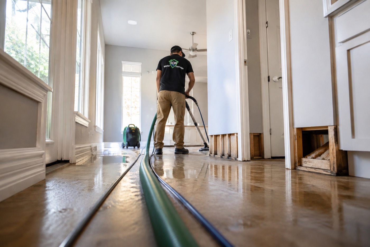 Technician extracting water from a flooded home