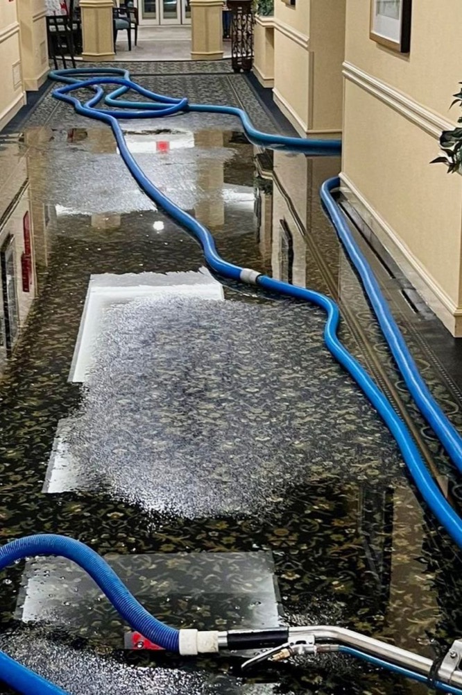 Air movers and dehumidifiers drying a flooded room
